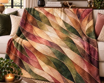 Fall Stained Glass Blanket, Moss Green Throw Blanket, Warm Neutral Abstract Blanket, Cozy Modern Home Decor