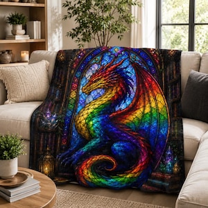 Rainbow Dragon Blanket, Stained Glass Dragon Throw, Fantasy Dragon Decor, Colorful Gothic Blanket, Dragon Lover Gift, Reading Nook Blanket