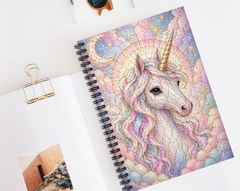 Notitieboekje eenhoorn met gebrandschilderd glas, pastelkleurig esthetisch dagboek, notitieboekje tiener, schattig schoolnotitieboekje, fantasie briefpapier cadeau