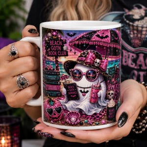Beach Goth Book Club Mug, Summerween Coffee Mug, Ghost Reader Mug, Pink Spooky Beach Cup, Gothic Book Lover Gift, Coastal Halloween Mug