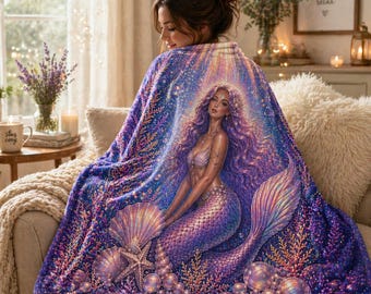 Manta de sirena en tonos pastel, manta decorativa de fantasía, arte oceánico iridiscente, regalo para amantes de las sirenas, manta de minky acogedora, decoración para casas de playa.