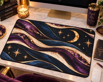 Celestial Moon Desk Mat, Purple Navy Starry Desk Pad, Mystical Fantasy Office Decor