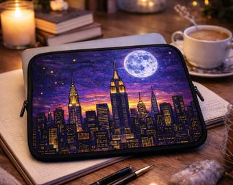 Stained Glass NYC Laptop Sleeve, New York Skyline Sleeve, Moon Night City Laptop Case, Dark Academia Tech Sleeve, Bookish Aesthetic Gift