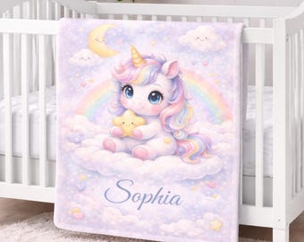Personalized Baby Unicorn Blanket, Custom Name Baby Girl Blanket, Unicorn Baby Gift, Pastel Nursery Blanket, Soft Minky Baby Blanket