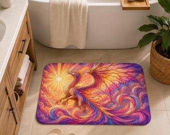 Sunrise Phoenix Bath Mat | Vibrant Mythical Bird, Sunrise Clouds