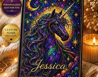 Diario de unicornio personalizado, cuaderno con nombre personalizado, diario de unicornio con vidrieras, regalo de fantasía para niñas, diario de escritura mágico