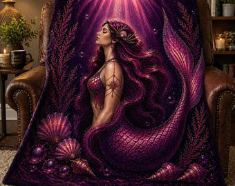 Fantasie zeemeermindeken, roze-paarse godin gooien, magische oceaandeken, gezellige nertsdeken, cadeau fantasie minnaar, decor zeemeermin