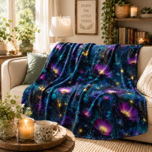 Midnight Wildflower Blanket, Moody Floral Minky Throw, Celestial Cottagecore Blanket, Dark Blue Botanical Cozy Blanket, Fantasy Flower Decor