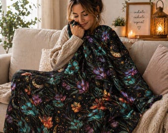 Hemels gebloemde nertsdeken, maan en sterren, donkere luxe bohodeken, gezellig pluche cadeau voor haar