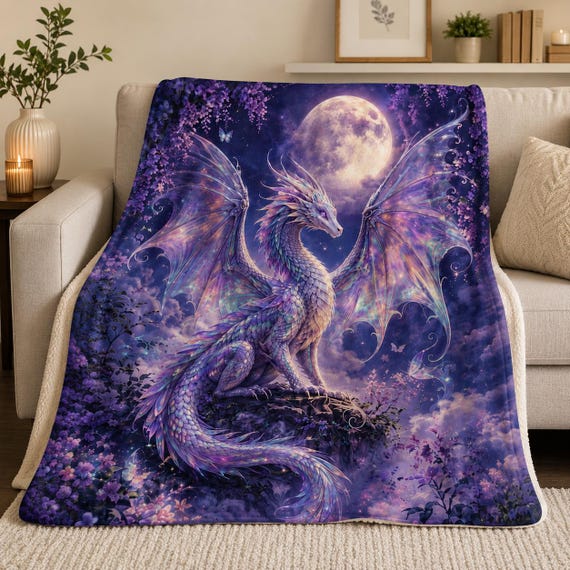 Iridescent Dragon Blanket, Fantasy Throw, Cozy Bookish Gift, Romantasy Decor, Moonlit Dragon, Reader Gift Idea