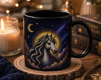 Taza de unicornio, taza de café de unicornio, taza de café de fantasía, regalo de unicornio celestial, taza mágica, taza con estética acogedora, regalo para ella, vidriera