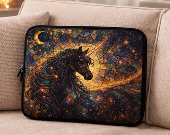 Stained Glass Unicorn Laptop Sleeve, Celestial Black Unicorn Case, Fantasy Laptop Case, Dark Academia Tech Sleeve, Gift for Readers