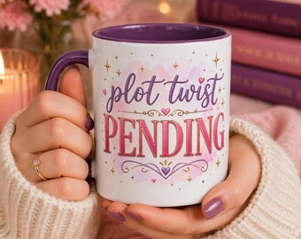 Plot Twist Pending Mug, Book Lover Coffee Mug, Reader Gift, Cute Pink Purple Mug, Bibliophile Gift, Bookish Aesthetic Cup
