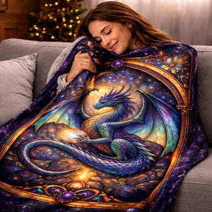 Dragon Blanket, Fantasy Dragon Throw, Stained Glass Dragon Blanket, Dragon Lover Gift, Fantasy Reader Blanket, Celestial Dragon Decor, 40x60