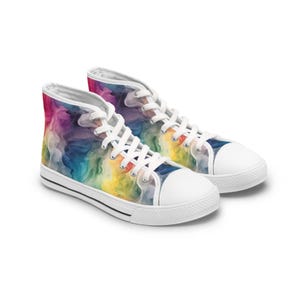 Rainbow Smoke High Top Sneakers, Colorful Abstract Cloud Print Shoes, Artistic Streetwear, Unisex Canvas Shoes, Gift for Sneaker Lovers