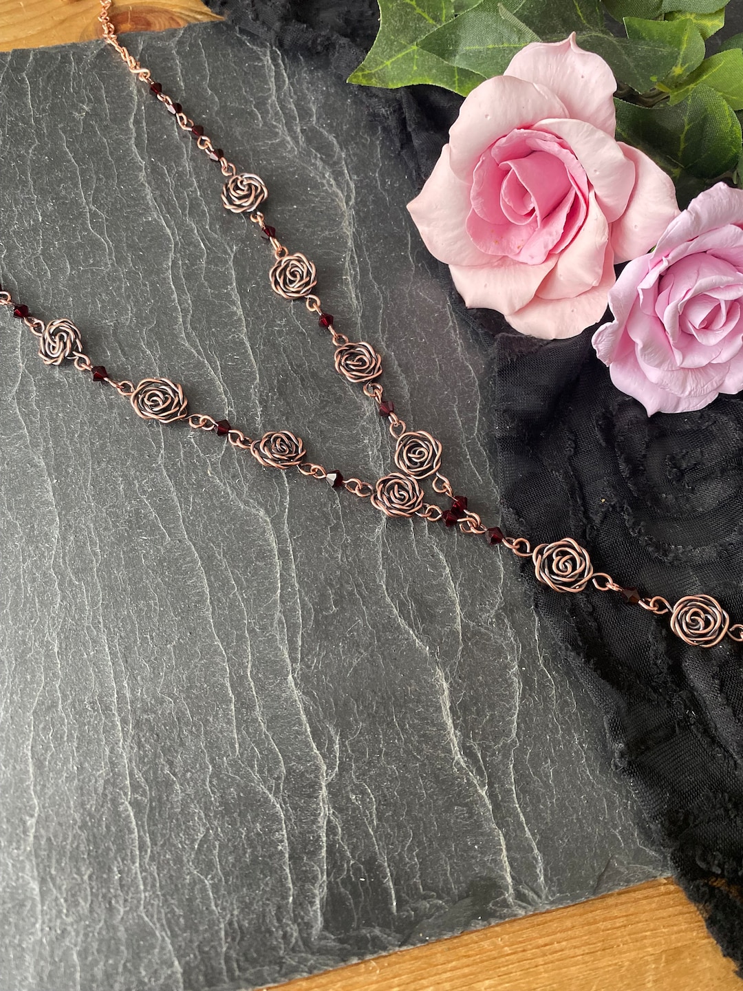Chains And Roses Handmade Copper Chain Link Rose and Red Crystal Bicone Beaded Y ...