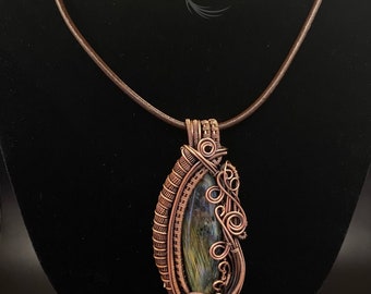 Oval Labradorite pendant, wire woven/weaving, Copper wire necklace, wire wrapped Labradorite jewellery, copper, statement pendant.