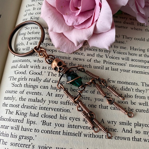 Copper skeleton key ring, wire wrapped skeleton , Halloween gift