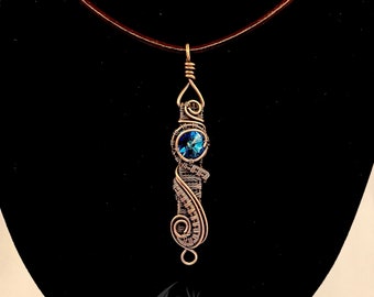 Wire wrapped pendant, Blue Swarovski crystal, copper wire woven necklace, elegant pendant for women, gift for her or him, intricate necklace