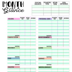 Puede incluir: Un planificador de presupuesto imprimible con categorías para vivienda, transporte, seguros, alimentos, niños, impuestos, cuidado personal, entretenimiento, préstamos, ahorros y gastos varios. El planificador tiene un fondo verde claro con acentos rosas, azules y morados.