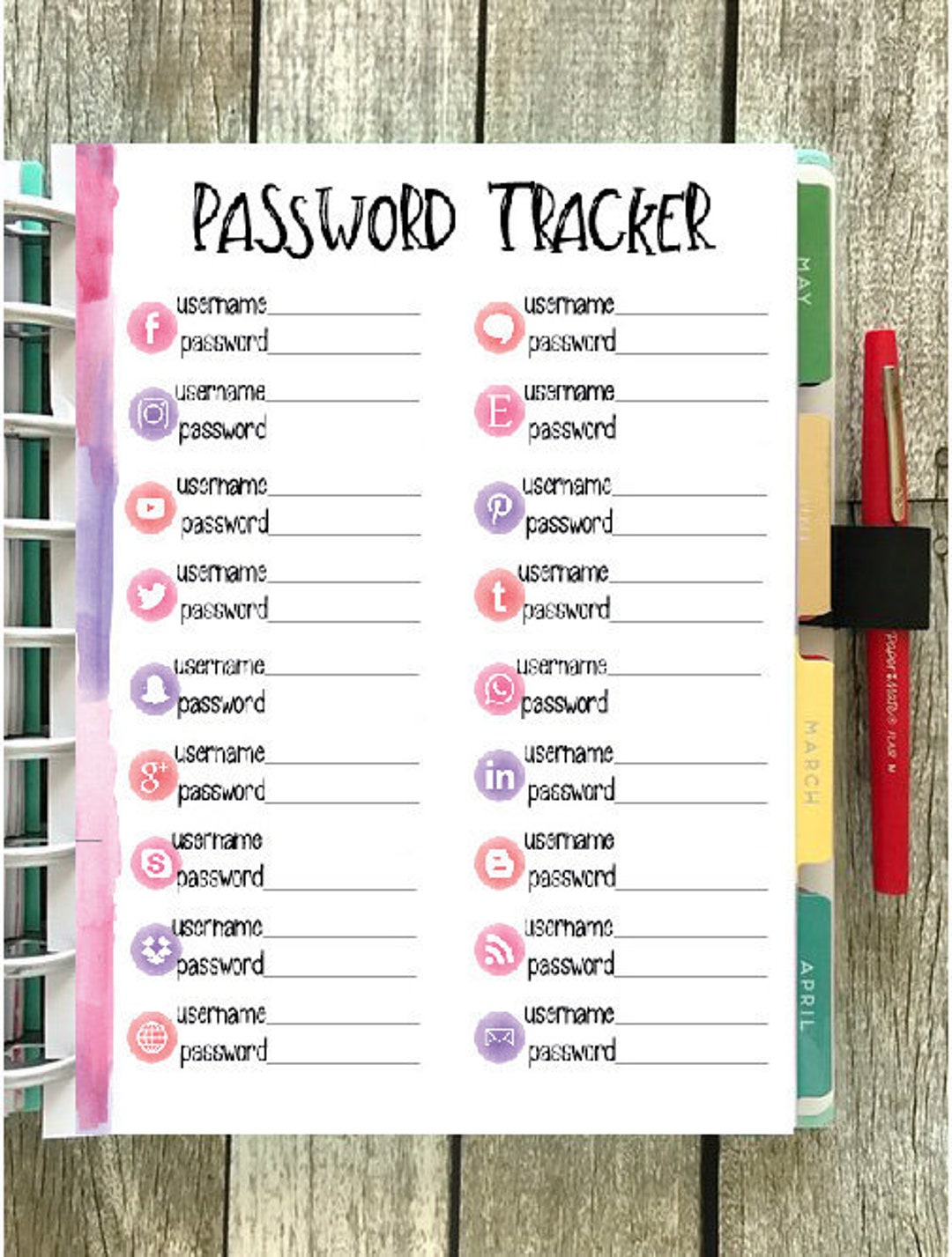 Happy Planner Printable Bullet Journal Password Tracker Pink & Purple ...