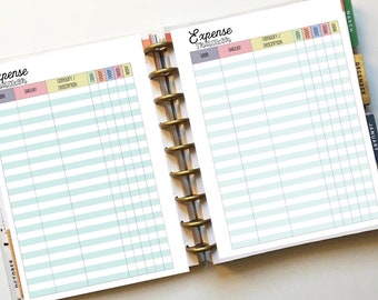 May include: A two-page spread of a light blue and white expense tracker with columns for date, amount, category, description, and month. The tracker is labeled "Expense Tracker" in black cursive writing.