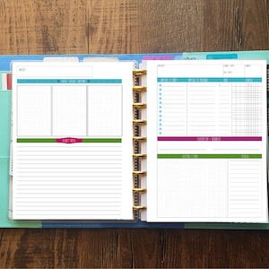 May include: An open teal and blue binder with a gold ring mechanism. The left page has a gridded section divided into three columns, followed by lined notes. The right page has a checklist section with a gridded section below. The pages are decorated with green, pink, and blue accents.