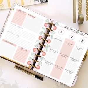 May include: A planner page with a floral design and the text "Center Yourself". The page is divided into three sections, each with a number and a prompt for self-reflection. The prompts are "I enjoy this because", "I find this calming because", and "This is good for me because".