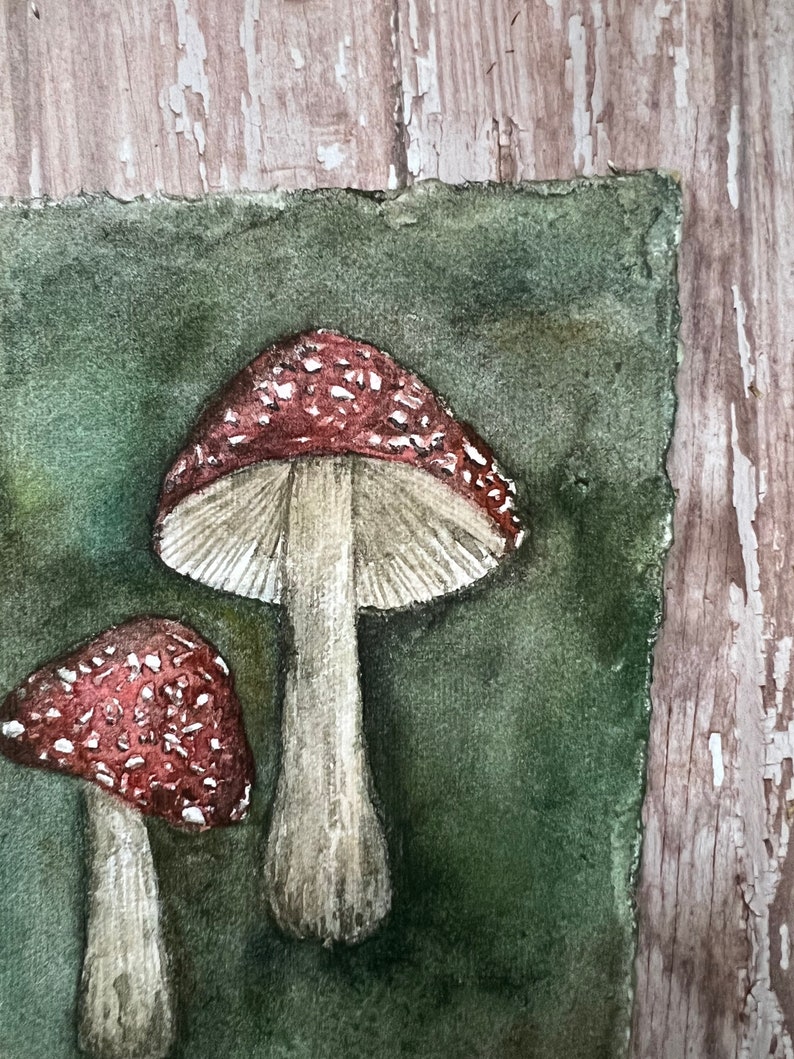 Amanitas in the Dark Original Watercolor Painting on Handmade Paper image 4