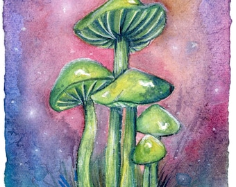 Alien Mushrooms with Beetle | Art Print from Original Watercolor Painting