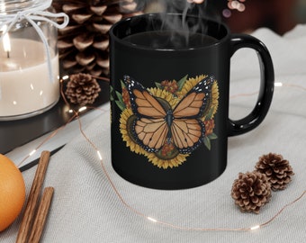 Monarch Butterfly with Sunflowers | 11oz Black Mug