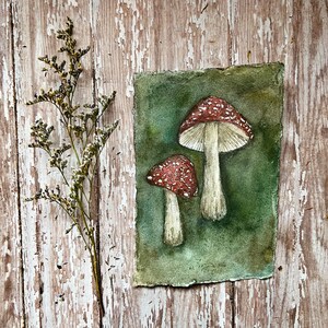 Amanitas in the Dark Original Watercolor Painting on Handmade Paper image 2