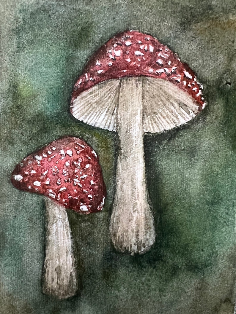 Amanitas in the Dark Original Watercolor Painting on Handmade Paper image 6