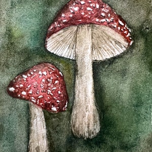 Amanitas in the Dark Original Watercolor Painting on Handmade Paper image 3