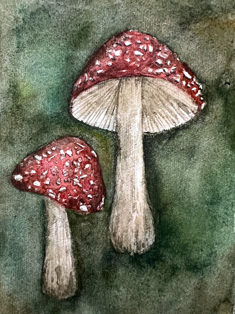 Amanitas in the Dark Original Watercolor Painting on Handmade Paper image 3