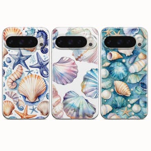 May include: Three phone cases with watercolor designs featuring seashells, starfish, and seahorses in shades of blue, orange, and white. The cases have a glossy finish and a protective design.