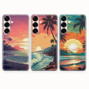 May include: Three phone cases displaying sunset beach scenes. Each case has a unique sunset design with palm trees, ocean waves, and a vibrant colour palette of orange, pink, and blue. The cases have a clear border and a camera cutout.