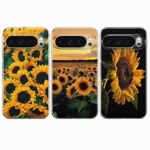 May include: Three phone cases featuring sunflower designs. One case has a pattern of sunflowers, another depicts a field of sunflowers at sunset, and the third showcases a close-up of a single sunflower against a black background.