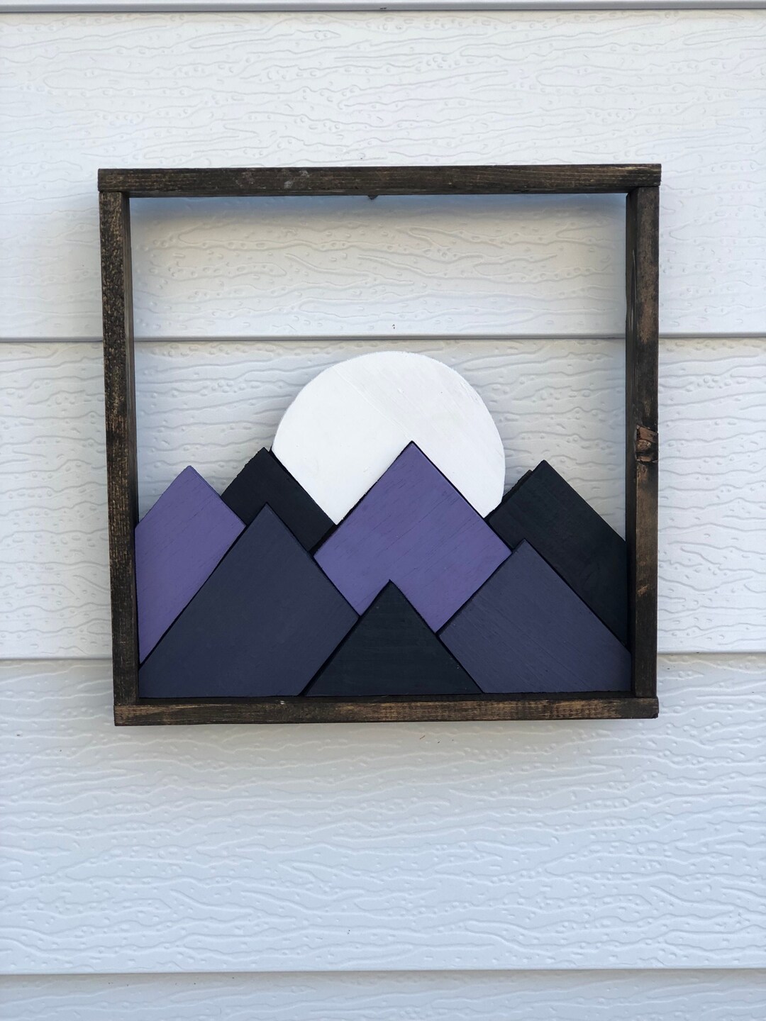 Purple Mountains Wood Painting, Wall Art Intarsia Mosaic Decor Ready to