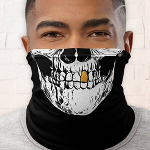 Skull face mask, Christmas Gift, Gold tooth Skeleton neck gaiter for men, Horror monster neck warmer, motorcycle scary funny cool bandana