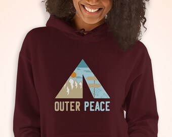 Felpa con cappuccio Outer Peace Camping, felpa avventura all'aperto, felpa con cappuccio natura donne, felpa forestale per uomo, jumper wanderlust di montagna escursionistico