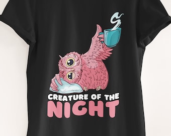 Camisa de búho nocturno, regalo insomne, criatura de la noche, trabajador del turno de noche, camisetas de café de búho para niñas, regalos de enfermera divertidas de no dormir de guardia