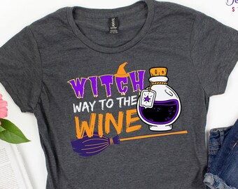 Halloween Tshirt for Women, Witch Way to The Wine Drinker Gift, Basic Witch Shirt Trick Or Treat Tee Plus Size Crewneck Halloween Sweatshirt