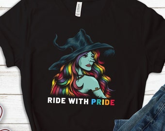Rainbow Halloween Pride Tee Shirt, Ride With Pride Halloween Crewneck Sweatshirt, Plus Size Hoodie, Spooky Pride Witch Tank Top Queer Tshirt