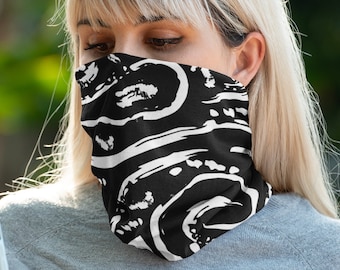Black & White funky swirls neck gaiter, camo face mask, tribal camoflauge washable, social distancing gift reusable breathable dust cover