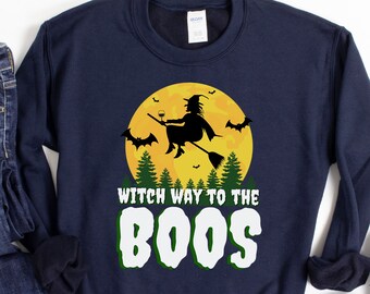 Halloween Crewneck Sweatshirt, Funny Witch Shirt, Witch Way To The Boos, Womens Halloween Tank Top, Drunk Halloween Wine Halloween Party Tee