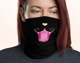 Black Cat Face Mask, Cute Halloween Cat Mask, Animal Cat Whiskers Neck Gaiter, washable reusable bandana scarf, pollution kitty kitten fun