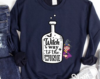 Witch Way To The Wine Shirt, Halloween Sweatshirt for Women, Funny Party Tee, Gift For Wine Lover, Spooky Pumpkin Season Fall Gifts for Her