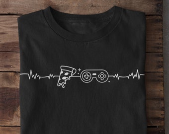 T-shirt med pizza och spelhjärtslag, present till gamer, pizzaälskare för videospel, gamer-t-shirt med pojkvän, julklappar till honom