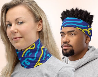 Blue yellow bandana face mask, squiggle print fashion neck warmer, neck gaiter for men, yoga headband wristband washable motorcycle shield